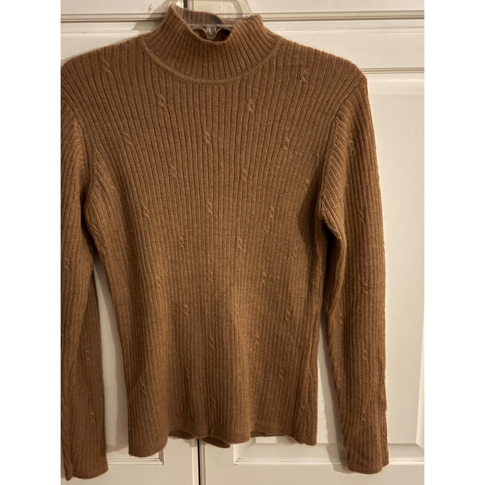 Talbots 100% Camel Hair Mock Neck Ribbed Cable Knit Sweater Tan Brown Womens M